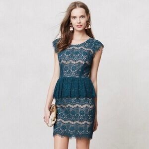 Maeve x Anthropologie Elsa Tiered Lace Peplum Teal Sheath Dress, Party, Sz - S